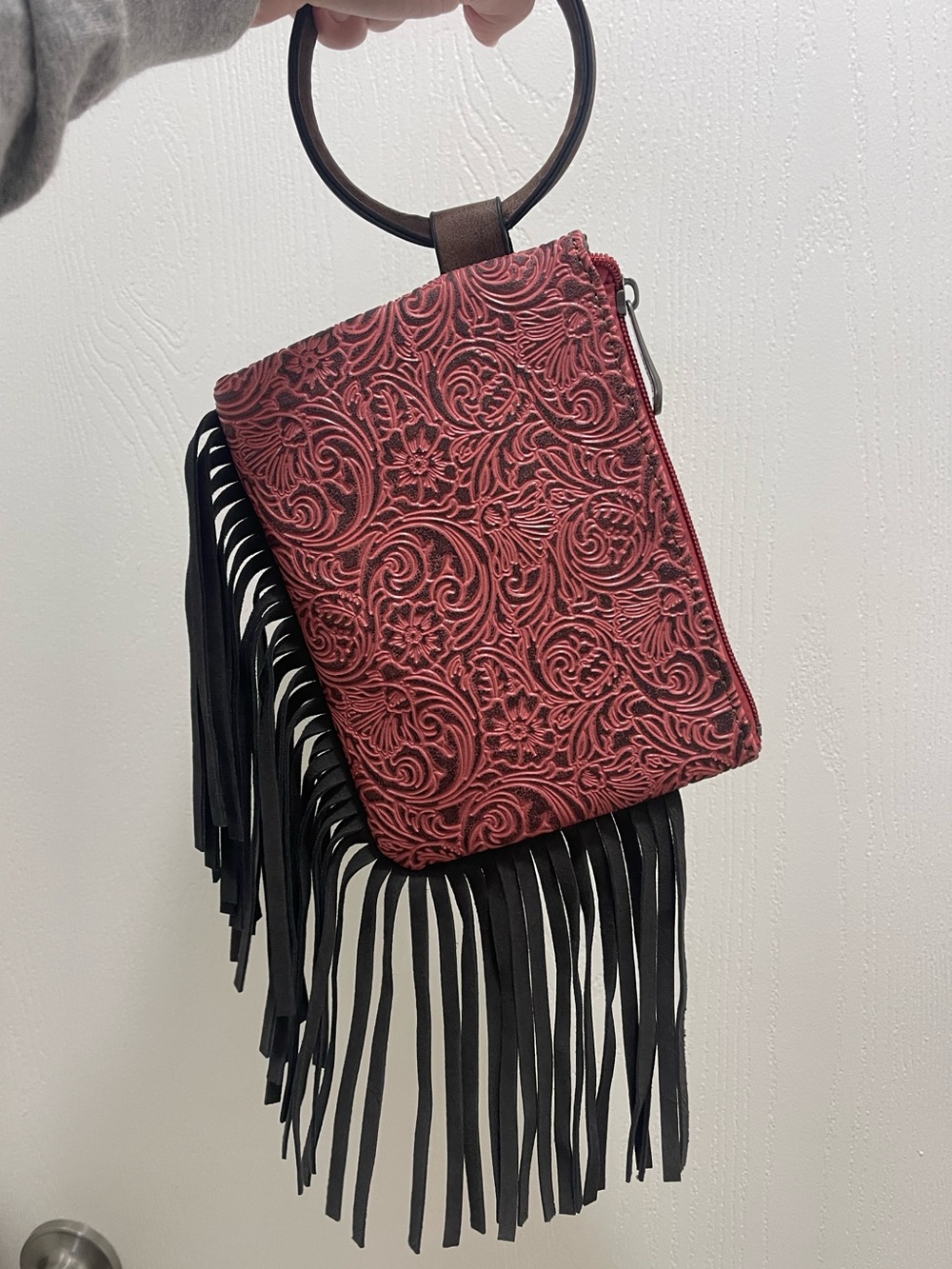 Brown leather Fringe Wristlet Bag with Ring Handle